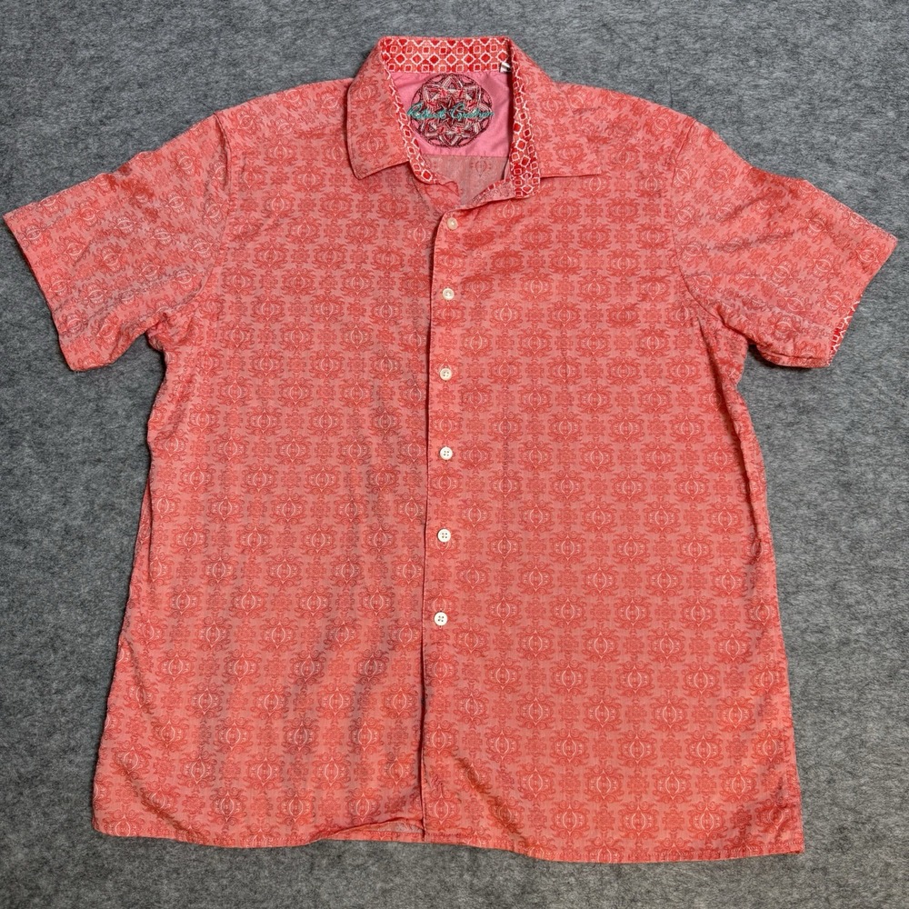 Robert Graham Short Sleeve Shirt Mens L Coral Embroidered Geometric